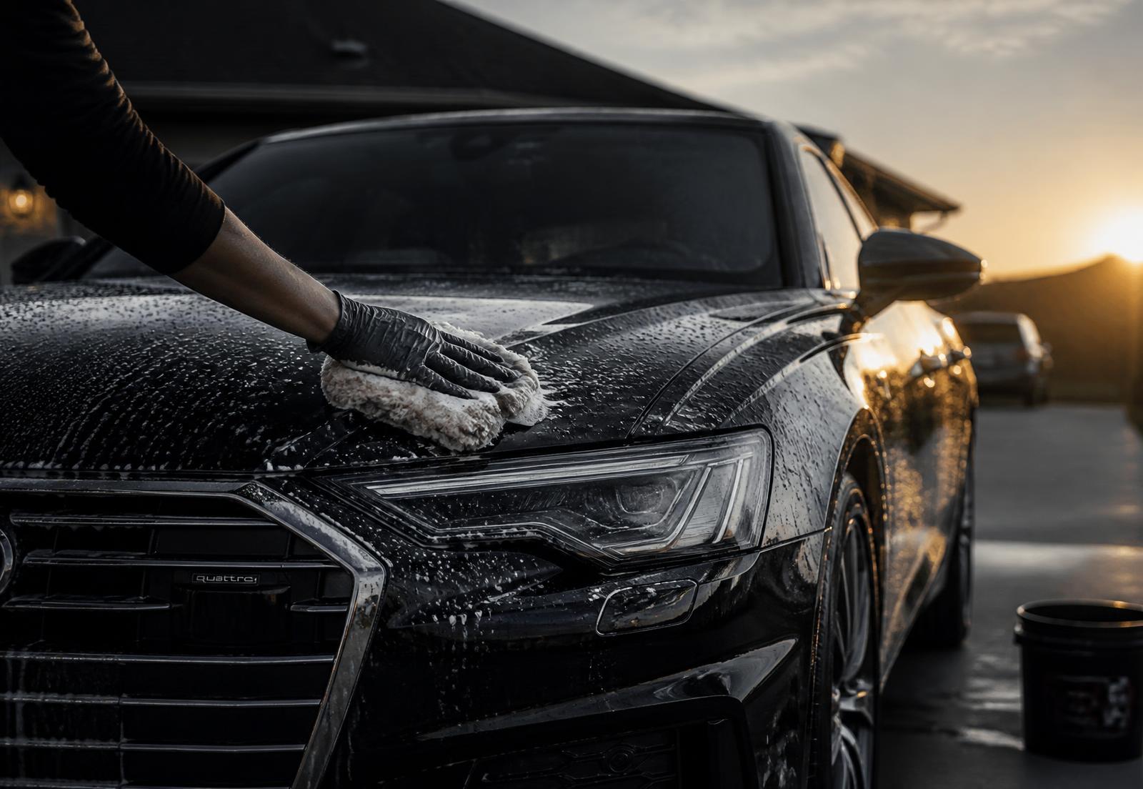 Detailer hand washing a glossy black car in a driveway at sunset